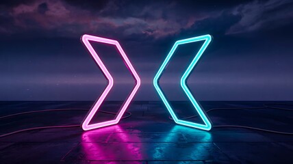 Neon arrow lights facing opposite direction at night
