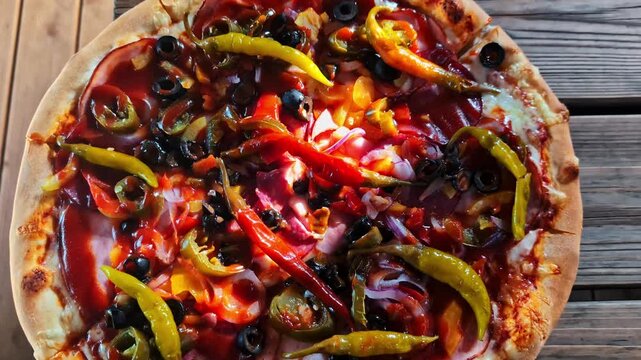 A close-up view of a vibrant homemade pizza topped with spicy chili peppers, sliced olives, red onions, and a generous drizzle of rich sauce, sitting on a rustic wooden table.