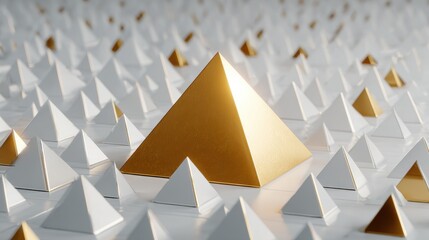 A standout golden pyramid amidst a grid of metallic pyramids, symbolizing individuality and uniqueness in a modern abstract design.