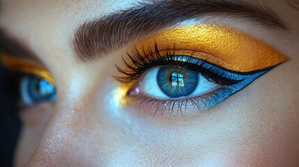 Close-up of a blue eye with gold inner corner eyeshadow, defined eyebrow, long lashes and textured skin conveying an intense contemplative gaze