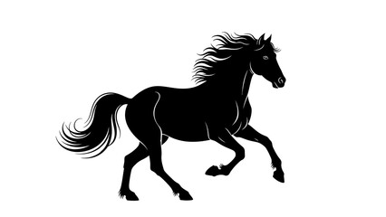 A black silhouette of a horse in motion with a flowing mane and tail against a clean white background, conveying a sense of dynamic movement. © Anggita