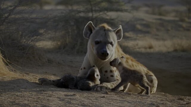 A family of hyenas gathered together. The mother hyena watches over her cubs with affection. Stock Video