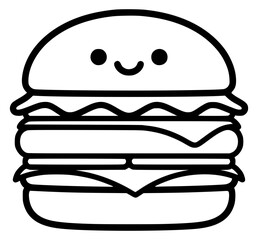 A black and white line art illustration of a cheerful, cartoonish double cheeseburger with a simplified, minimalist aesthetic