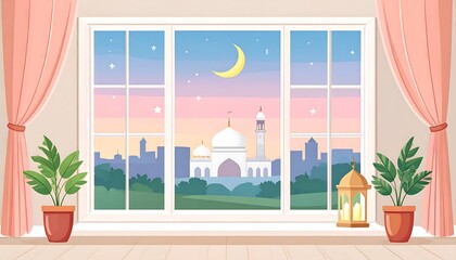 Serene Mosque View from Window at Dusk.