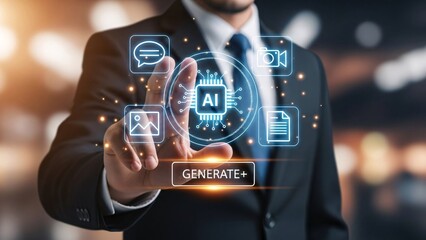 Businessman interacting with futuristic AI technology interface with digital icons and holographic elements in a modern corporate environment for innovation and technology themes