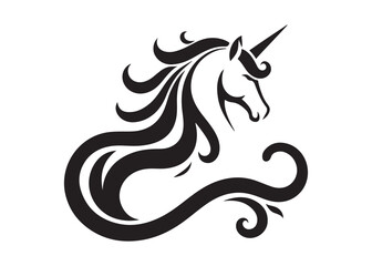 Fototapeta premium unicorn horse logo silhouette vector, magical fantasy horse logo silhouette illustration, vector unicorn horse with horn logo, horse animals magic fantasy logo vector silhouette on white background