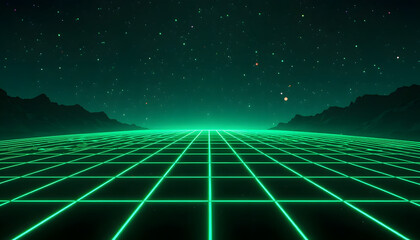 Vibrant neon grid landscape under starry night sky with mountains