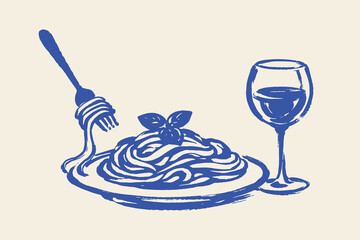 Pasta plate fork wine ink brush sketch vector