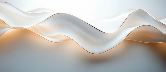 Soft flowing translucent ribbons with golden edges undulating over a pale background, serene and elegant minimalist abstract waves