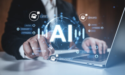 Businessman interacting with AI hologram and chatbot icons on futuristic digital interface background, representing artificial intelligence concept.