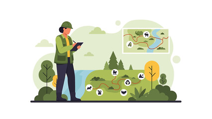 Fototapeta premium Woman ecologist studying wildlife and environment on tablet.