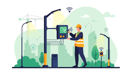 Technician working on smart city street light control panel.