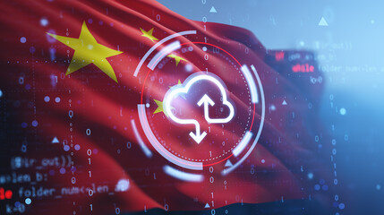 Digital cloud storage concept with China flag in background symbolizing global data service and digital infrastructure development progress.