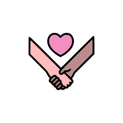 Two hands shaking with pink heart above symbolizing partnership