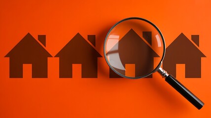 Real estate search concept with magnifying glass and houses
