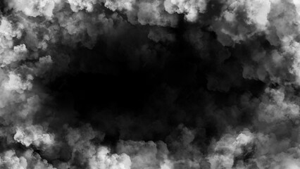 Dramatic black and white smoke or clouds frame with a dark empty center space for text on black background