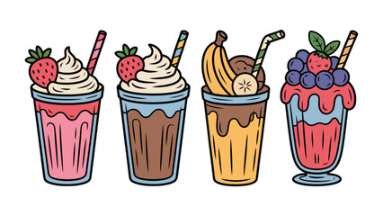 Cool Dessert Collection: Vibrant illustrations of assorted refreshing milkshakes, each brimming with deliciousness and artistic flair, a treat for the eyes and the sweet tooth.