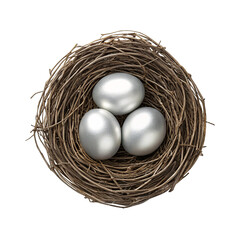 Obraz premium Nest with three silver eggs surrounded by twigs isolated on transparent background