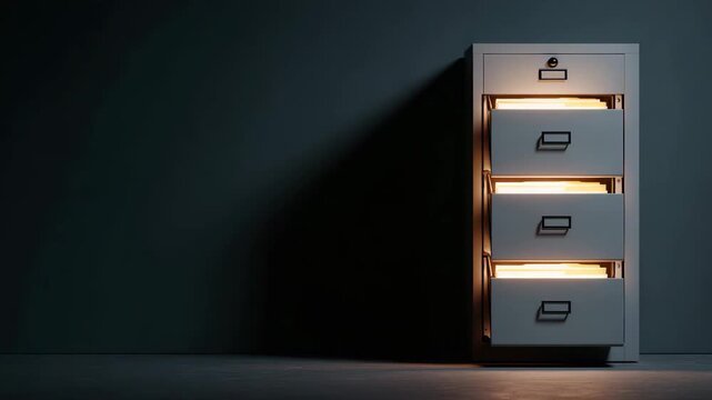 A file cabinet in a dimly lit setting, drawers glowing