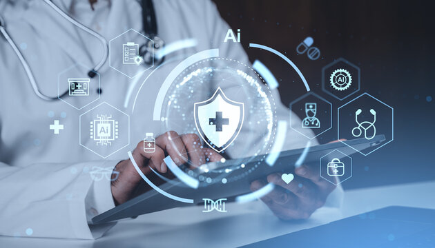 Doctor using tablet with digital healthcare hologram interface, representing modern medical technology and AI-driven health data concept. - Powered by Adobe