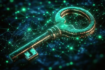 Antique metal key resting on a glowing teal network of interconnected nodes and lines, conveying a futuristic mysterious mood of digital access and security