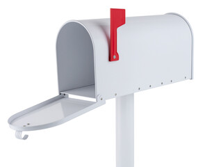 White suburban mailbox with red flag on metal post, open mail slot and protruding curved delivery chute