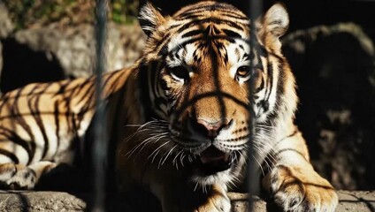 Tiger Behind Zoo Bars Raising Awareness of Wildlife Cruelty and Captivity