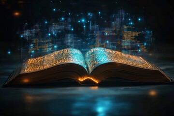open book with glowing golden text and rising blue holographic data over a reflective surface, evoking wonder and mysterious futuristic knowledge