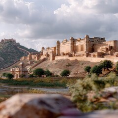 Fototapeta premium Majestic Fort on a Hilltop Surrounded by Lush Greenery and Clear Blue Sky in a Serene Landscape