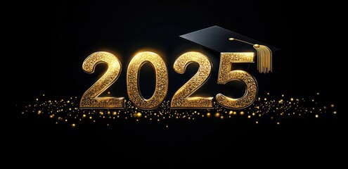 golden glitter 2025 numbers with a black graduation cap and tassel over shimmering confetti on a dark background conveying celebration, achievement and joyful pride