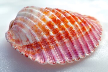 close-up of a glossy pink and orange ridged scallop seashell resting on a soft white surface evoking calm delicate seaside nostalgia