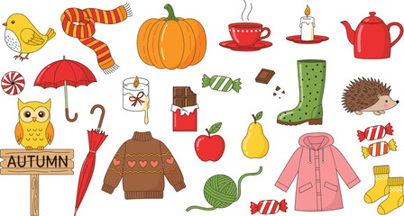 Autumn season cozy icon set vector illustration with fall clothing pumpkin tea umbrella candy and warm seasonal elements