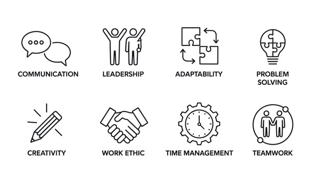 vector soft skills icons with editable stroke, featuring interpersonal attributes like communication, teamwork, adaptability, problem solving, creativity, work ethic, time management, and leadership.