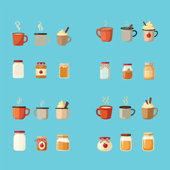 Winter warm beverage cup collection vector illustration with mugs jars and seasonal drinks