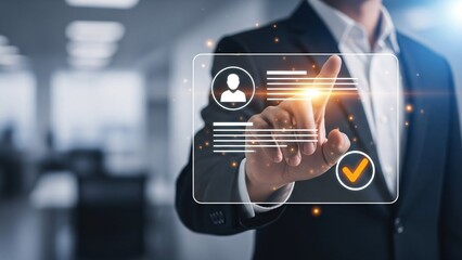 Business professional using futuristic digital interface for managing personal or professional data in a modern office environment with technology and innovation themes