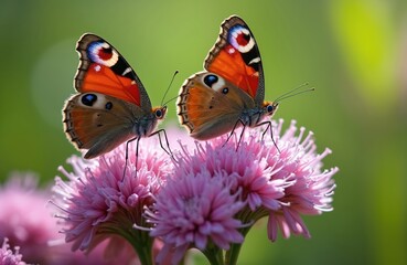 Obraz premium Two colorful peacock butterflies rest on vibrant pink flowers. Insects with orange wings display eye spots. Nature scene unfolds in soft green blurred background.