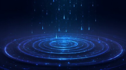 Fototapeta premium futuristic glowing low poly falling water drops and water circle ripples on dark blue background.