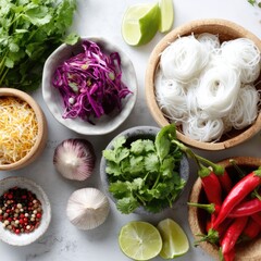 Fresh Ingredients for Asian Cuisine with Vegetables, Herbs, Noodles, and Spices on a White Surface