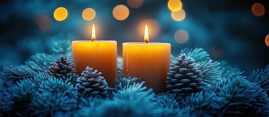 Two glowing candles nestled in frosty pine branches and pine cones with warm bokeh lights creating a cozy, serene winter holiday atmosphere