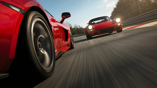 Modern and classic red sports cars racing at high speed on a professional track