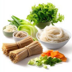 Fresh Ingredients for Asian Cuisine Featuring Rice Noodles, Vegetables, Herbs, and Seasonings on White Background