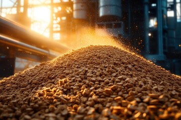 Large mound of brown industrial granules with airborne dust illuminated by warm backlight inside a factory with pipes and silos, creating a dramatic gritty atmosphere