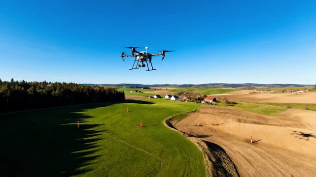 Aerial land surveying with drone capturing topographic data for precise site boundary mapping in a rural landscape under clear blue skies.
