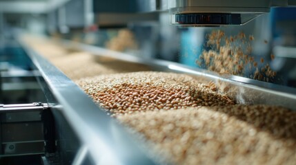 Medium shot of AIpowered camera scanning grains on conveyor belt for defect detection and size uniformity in automated quality control system