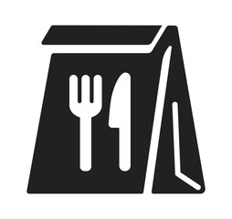 Stylized black and white icon of a takeout box featuring utensils.