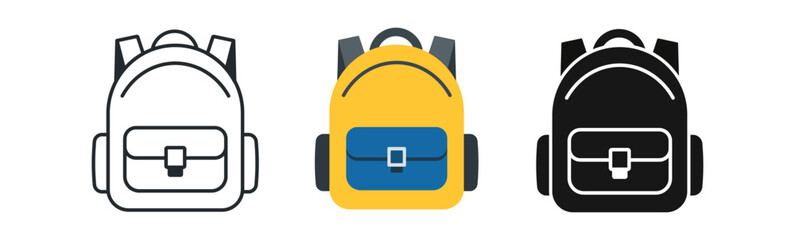 Three distinct backpacks in varying colors and styles: classic black, bright yellow with blue accents, and minimalist white.