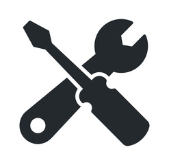 A black silhouette of a wrench and screwdriver crossed, symbolizing tools and repair.