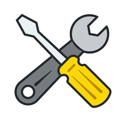 A colorful illustration of a wrench and screwdriver crossed over each other, symbolizing tools and repair work.
