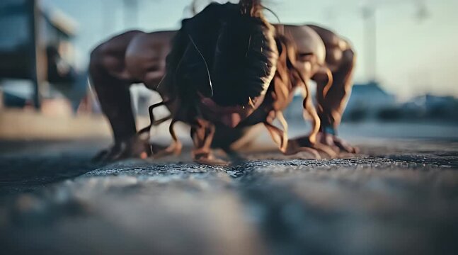 Muscular athlete with long hair performing intense push-ups on pavement during outdoor street workout at dusk