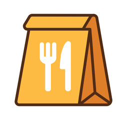 A vibrant yellow takeout bag featuring a fork and knife icon, perfect for meal delivery and restaurant branding.